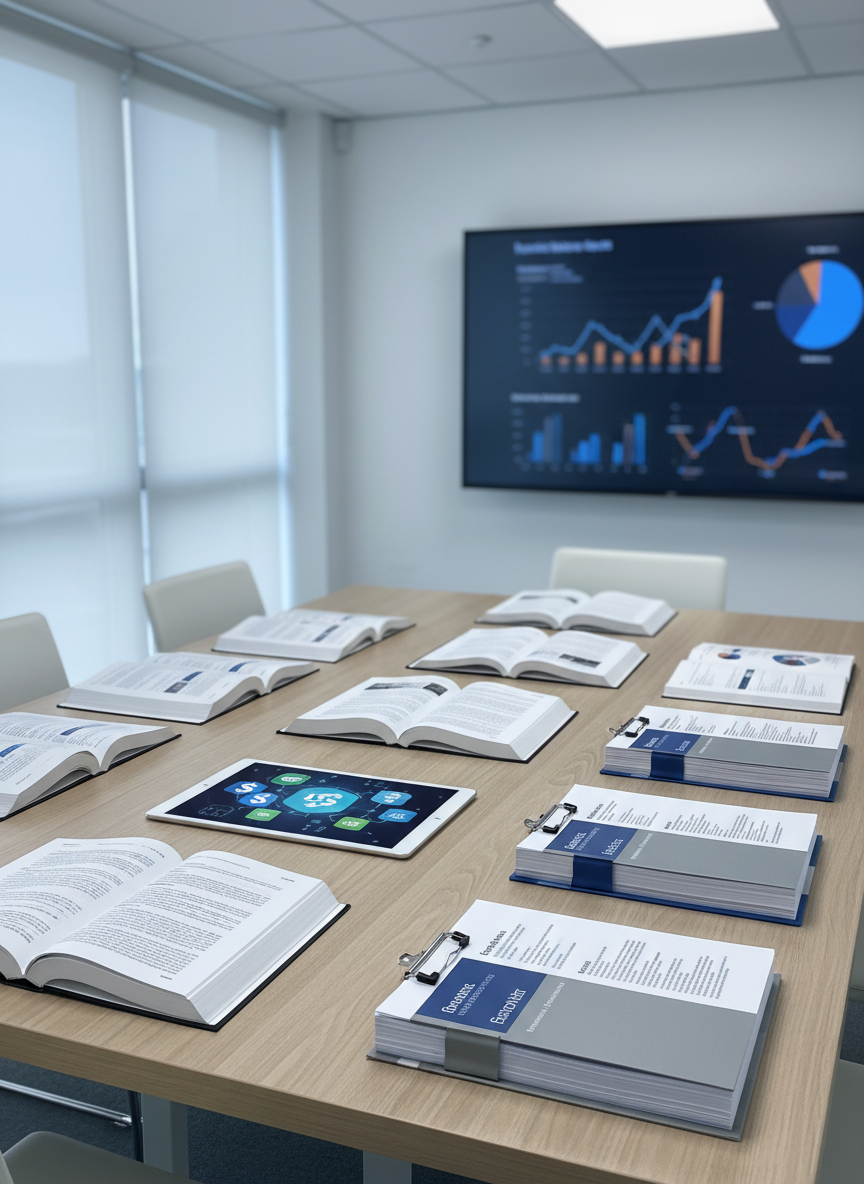 A neat classroom-style conference table covered with open textbooks on business strategy, a tablet showing abstracted financial news icons, and printed reports clipped together with metal binders, all arranged in a deliberate grid. A large, wall-mounted digital display in the background shows blurred line graphs and bar charts without legible numbers. Cool, diffused overhead lighting creates even illumination and soft shadows along the table’s wood grain. Shot from a slightly elevated angle with sharp focus throughout, the image feels structured and analytical. The photographic, clean and modern style emphasizes the connection between current company news and academic business concepts in a professional, study-oriented atmosphere.