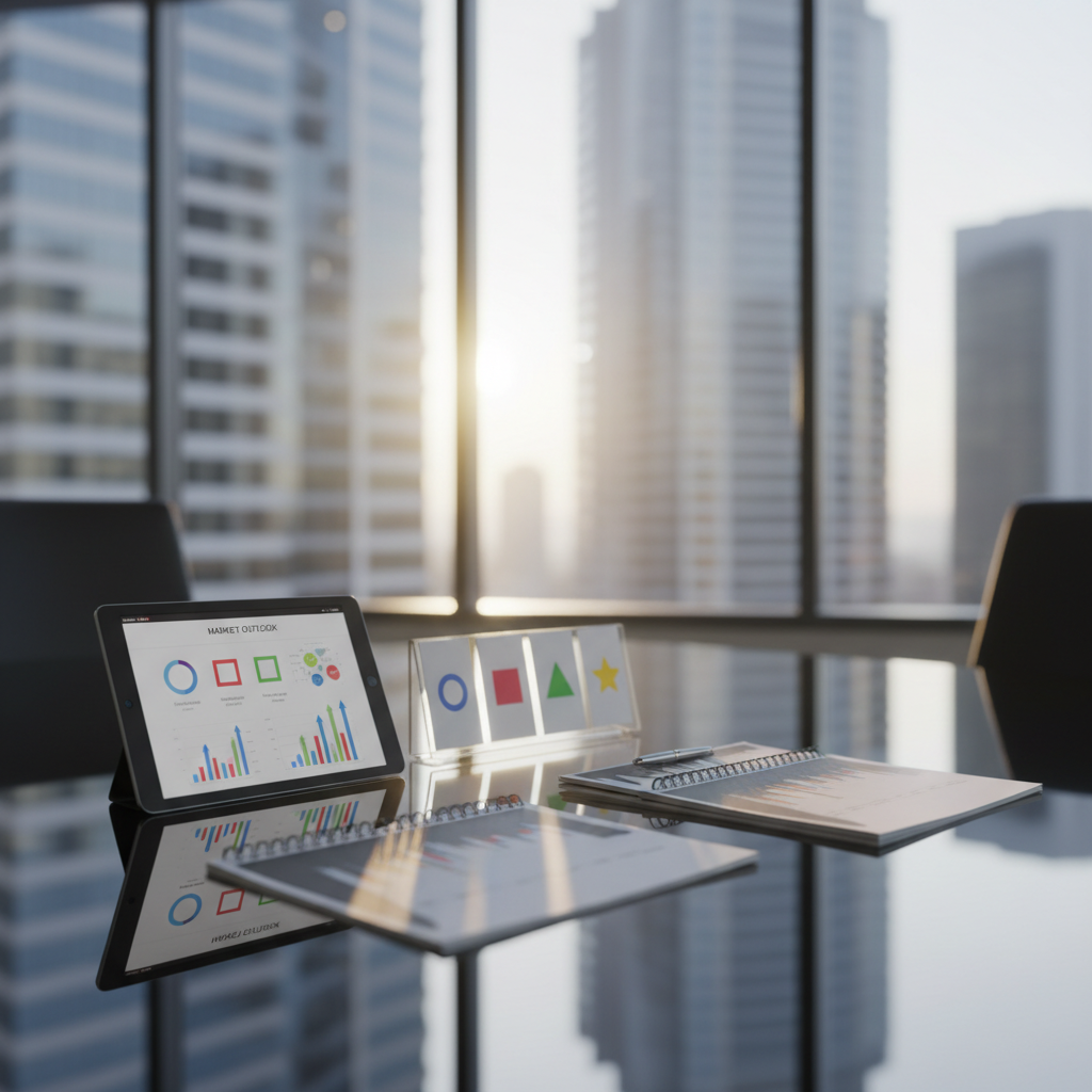 A close-up of a polished glass table in a corporate meeting room, featuring a neatly arranged spread of quarterly reports, a slim graphite-grey tablet showing a generic market trends dashboard, and a small transparent acrylic stand holding color-coded index cards labeled only with shapes and icons. Behind, floor-to-ceiling windows reveal an out-of-focus skyline of financial district towers. Early morning natural light washes across the scene, catching subtle reflections on the glass surface and metallic report clips. Photographic realism, shallow depth of field, and a rule-of-thirds composition create a focused, forward-looking mood, perfect for illustrating thoughtful analysis of a specific company’s latest news within a broader business context.