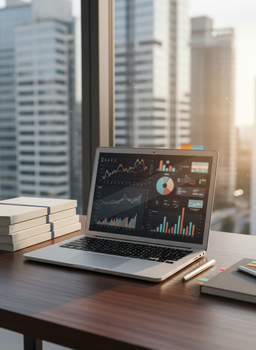 A sleek silver laptop open on a dark walnut desk, its screen displaying a stylized dashboard of stock charts and corporate headlines without any readable text. Around it lie neatly stacked case-study folders, a slim metal pen, and a minimalist notebook with color-coded sticky tabs. Through a large window in the background, a modern city skyline with glass office towers fades into soft bokeh. Late-afternoon natural light mixes with cool overhead office lighting, creating crisp reflections on the laptop’s brushed aluminum finish. Photographic realism, eye-level composition, and shallow depth of field focus attention on the laptop as a hub of business news and academic analysis, with a calm, professional mood.